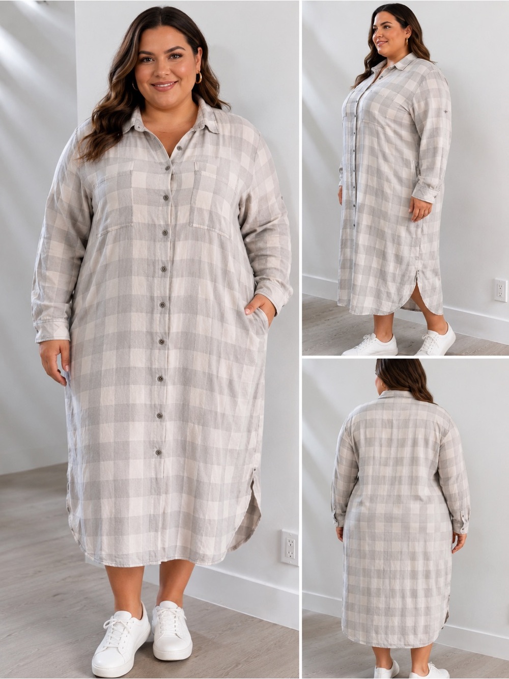 Standard Grace Button-Front Plaid Shirt Dress — Gray size XL